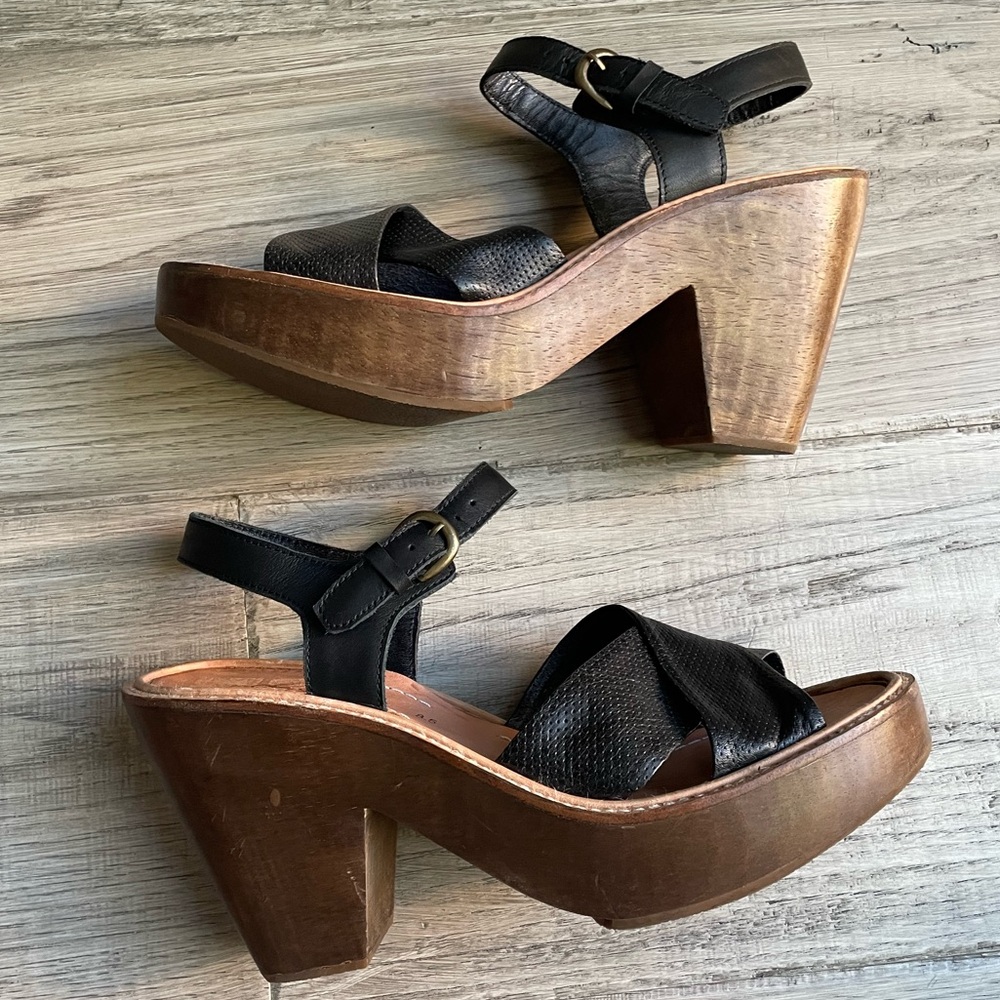 Rachel Comey Black Leather Cross-Strap Wedge Sandals with Wood Platform - Picture 7 of 16